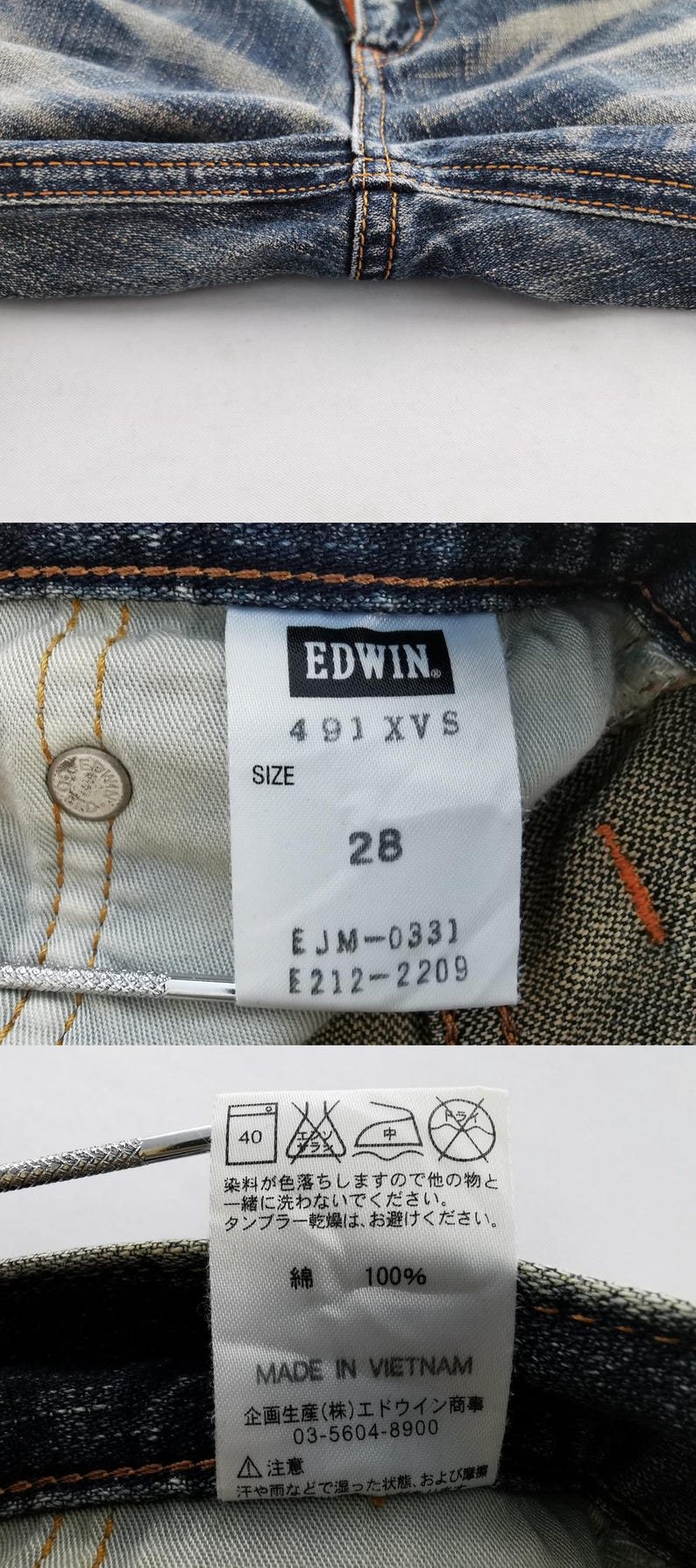 Op de afbeelding: Close-up van een blauwe denim jeans met zichtbare stiksels en een label. Het label luidt "EDWIN" en bevat maat informatie: "28". De jeans is gemaakt van 100% katoen en vervaardigd in Vietnam.