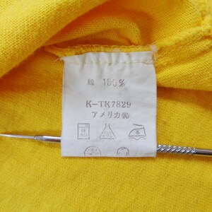 Op de afbeelding: Close-up van een geel kledinglabel met Japanse tekst en de tekst "100%" en "K-TK7829". Het label bevat ook verzorgingssymbolen en de tekst "アメリカ製". Een zilveren gereedschap zit in de afbeelding.