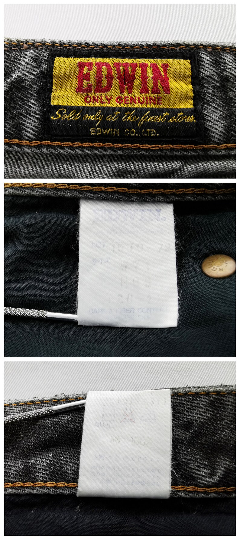 May include: A pair of grey denim jeans featuring a yellow and red Edwin brand label with the text "ONLY GENUINE" and "Sold only at the finest stores." The interior white care tags display "LOT 1510-72," "W 71," and "100%" cotton composition.
