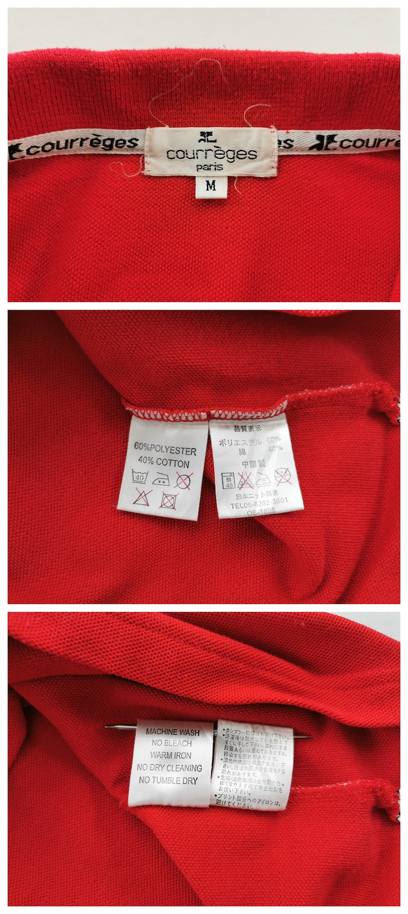 K&ouml;nnte beinhalten: Nahaufnahme eines roten Poloshirts mit dem Markennamen "courr&egrave;ges paris" auf dem Etikett. Das Shirt besteht aus 60 % Polyester und 40 % Baumwolle. Die Gr&ouml;&szlig;e ist M. Waschanweisungen sind ebenfalls sichtbar.