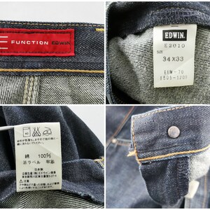 May include: Close-up shots of dark blue denim jeans. Details include a red label with "FUNCTION EDWIN" text, a size tag showing "34x33", and a care label. The jeans have a button closure and visible stitching.