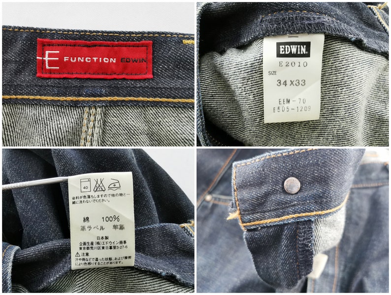 May include: Close-up shots of dark blue denim jeans. Details include a red label with "FUNCTION EDWIN" text, a size tag showing "34x33", and a care label. The jeans have a button closure and visible stitching.