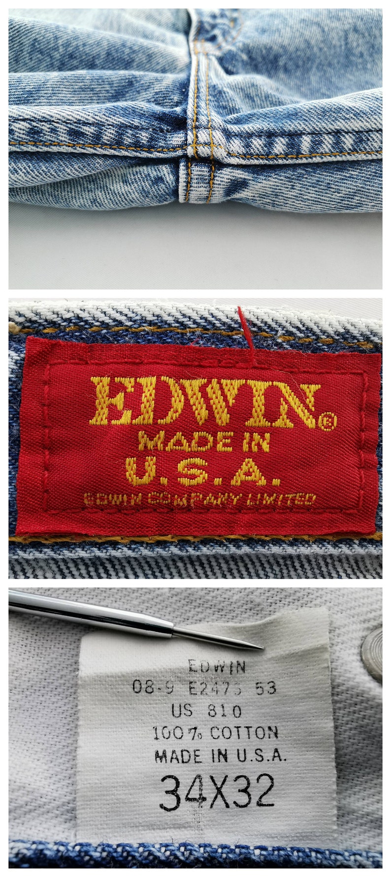 Może przedstawiać: Zbliżenie jasnoniebieskich dżins&oacute;w. Obraz przedstawia tylny szew, czerwoną etykietę z napisem "EDWIN MADE IN U.S.A." oraz białą metkę z rozmiarem 34x32. Dżinsy są wykonane w 100% z bawełny.
