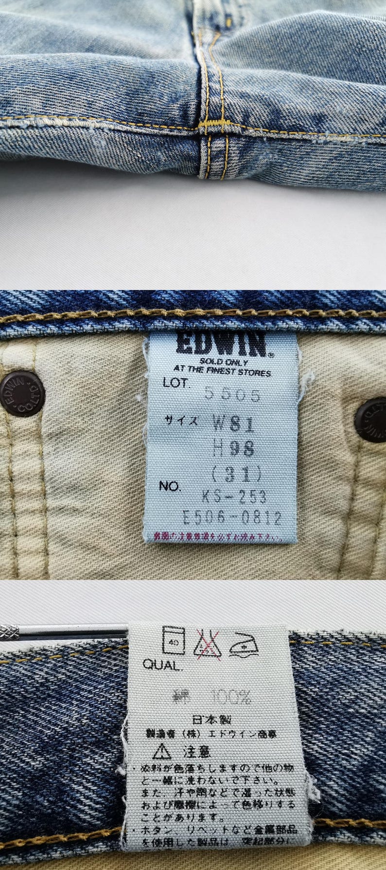 Puede incluir: Primer plano de unos vaqueros azules con una etiqueta. La etiqueta dice "EDWIN" e incluye informaci&oacute;n de tallas: W81, H98, y una cintura de 78.7 cm. Los vaqueros tienen costuras y remaches visibles.