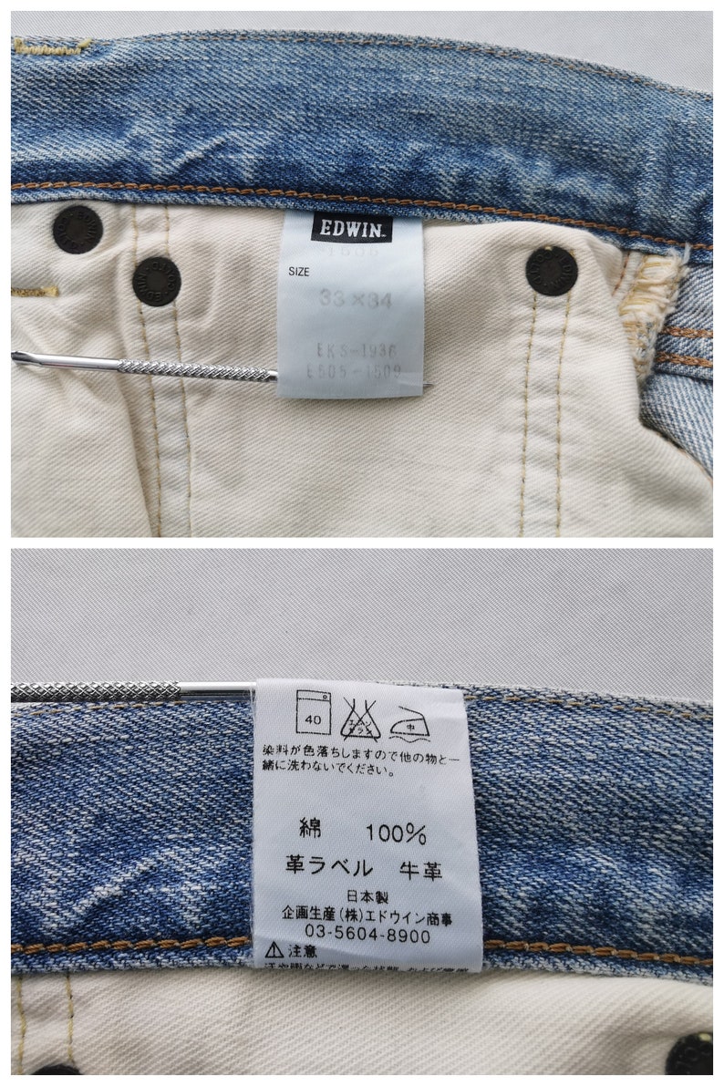 Puede incluir: Primer plano del interior de unos vaqueros azules. Los vaqueros son talla 33x34. Las etiquetas muestran instrucciones de cuidado y la composici&oacute;n de la tela, incluyendo 100% algod&oacute;n. La marca es "EDWIN".