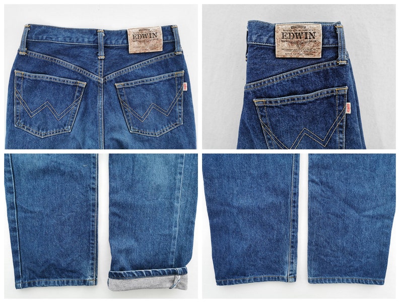 Puede incluir: Imagen de cuatro paneles de vaqueros de mezclilla azules. Los vaqueros tienen un dise&ntilde;o cl&aacute;sico de cinco bolsillos, con un parche de cuero y una etiqueta roja. Los bolsillos traseros presentan costuras distintivas en forma de W. Los vaqueros est&aacute;n doblados para mostrar los pu&ntilde;os.