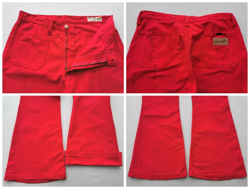 May include: Bright red Wrangler pants. The pants have a button and zipper closure, front and back pockets, and a Wrangler label on the back. The pants are a solid color and have a flared leg.