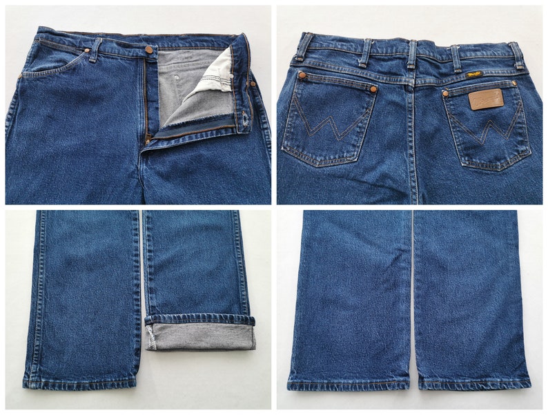 May include: Multiple views of blue denim jeans. The jeans have a button and zipper closure, pockets, and a brown leather patch on the back. The jeans are folded at the bottom hem.