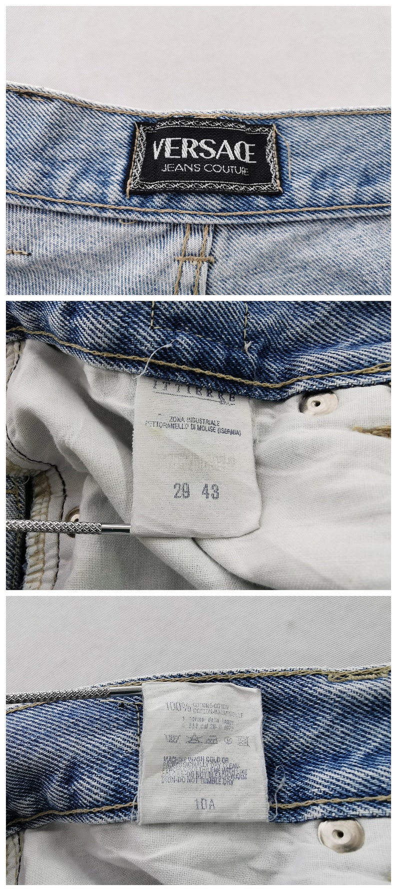 May include: Close-up of light blue denim jeans with a Versace Jeans Couture label. The jeans have a faded wash and visible stitching. The interior tag shows size 29 and 43. The care label is also visible.