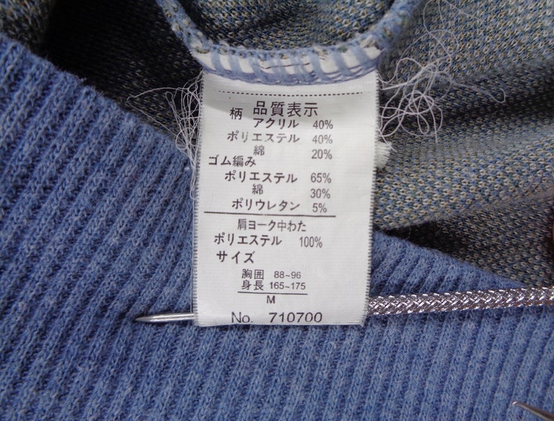 Puede incluir: Primer plano de una tela de punto azul con una etiqueta blanca adjunta. La etiqueta muestra texto japon&eacute;s con porcentajes de composici&oacute;n de la tela, incluyendo acr&iacute;lico, poli&eacute;ster y algod&oacute;n. La etiqueta tambi&eacute;n incluye la talla, la medida del pecho y un n&uacute;mero de producto.