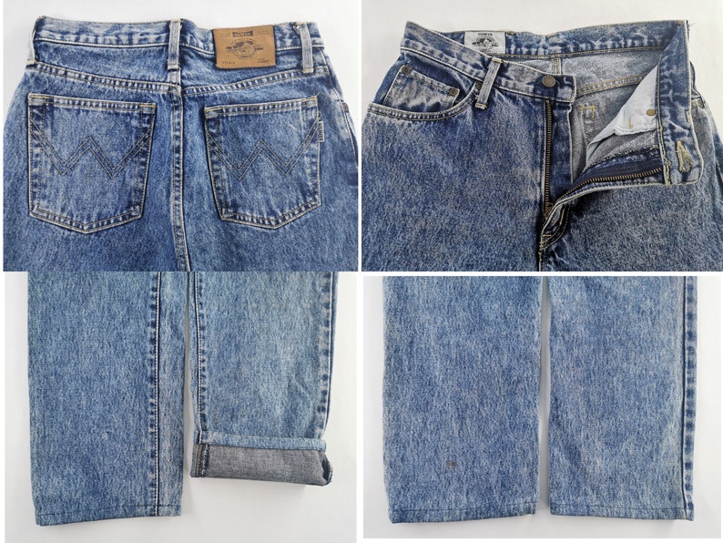 Puede incluir: Vaqueros de mezclilla azul con lavado &aacute;cido, cremallera y dise&ntilde;o cl&aacute;sico de cinco bolsillos. Los vaqueros presentan el logotipo de Wrangler en los bolsillos traseros y un parche de cuero. Pierna recta y dobladillo vuelto.