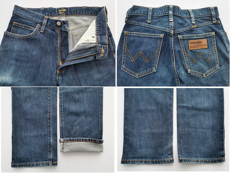 May include: Blue denim jeans with a classic five-pocket design. The jeans feature a button and zipper closure, belt loops, and the Wrangler logo on the back pocket. The jeans are shown in multiple views, including front, back, and close-ups of the details.