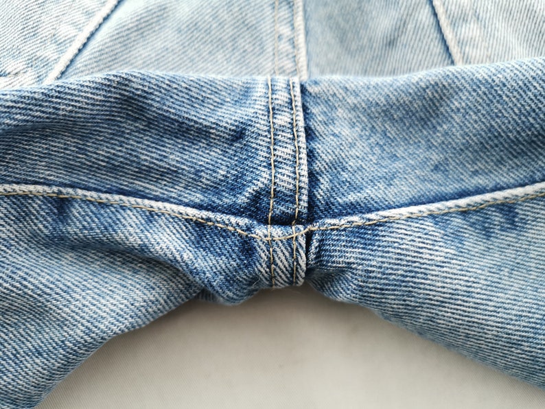 May include: Close-up of light blue denim jeans. The image highlights the stitching and construction details, including the seams and the fabric's texture. The jeans appear to be well-worn, with a faded appearance.