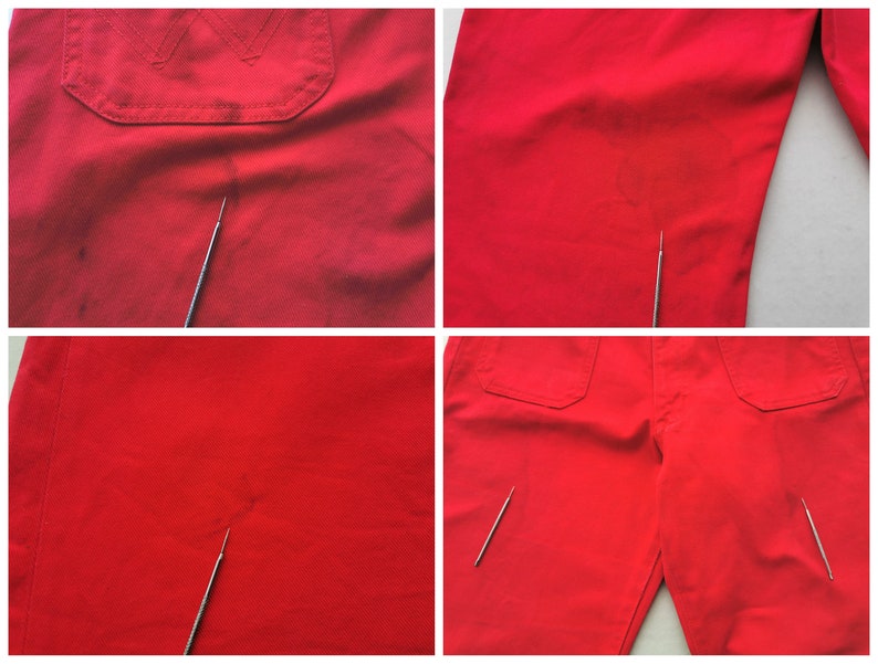 May include: Close-up shots of red work pants, showcasing details like pockets and fabric texture. The pants have a classic design with visible stitching and a durable material. The images highlight the color and construction of the garment.