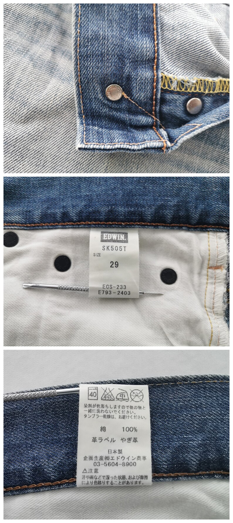 K&ouml;nnte beinhalten: Nahaufnahme einer blauen Jeans mit sichtbaren N&auml;hten, Metallkn&ouml;pfen und einem Etikett mit der Gr&ouml;&szlig;e 29. Die Jeans hat ein klassisches Design mit Knopfverschluss und verwaschener Optik.
