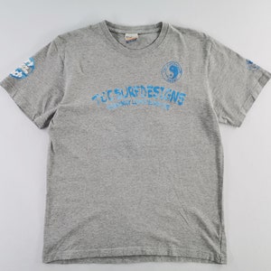 May include: A heather gray t-shirt with short sleeves. The shirt features the text "TEC SURF DESIGNS" in blue, along with a yin-yang symbol and additional text on the sleeves. A casual, everyday wear tee.