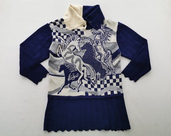 Camisa Kansai Yamamoto vintage de los años 80 con caballos Kansai Yamamoto, hecha en Japón, camisa de vestir de punto, talla L/XL