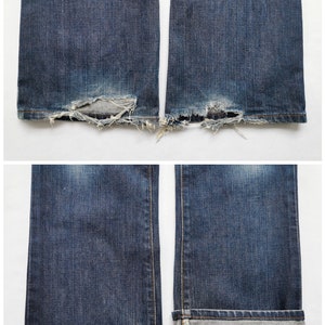 May include: Close-up of two pairs of blue denim jeans. One pair has distressed, frayed hems with large holes. The other pair has the hems rolled up, revealing the lighter-coloured interior fabric. The jeans are on a white background.