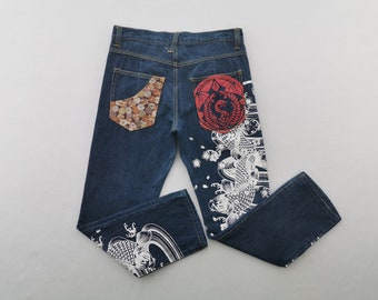 Japanese Sukajan Jeans Vintage Japanese Sukajan Fish Koi Art Denim Jeans Size 31/32x27.5