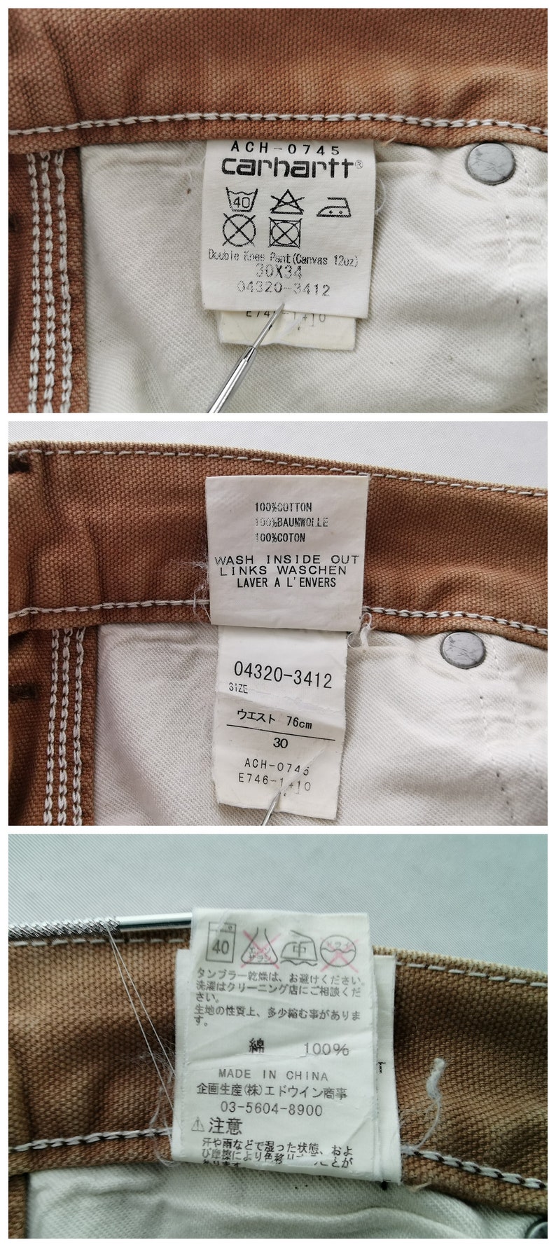 May include: Close-up of Carhartt brown canvas double knee pants. The tag indicates a 30x34 size, with a 76cm waist. The label also includes washing instructions and the text "Made in China."