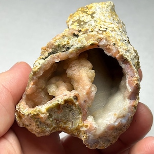 May include: A raw, irregular geode specimen featuring a rough, textured exterior in shades of tan, brown, and cream. The interior cavity reveals a cluster of pale pink, botryoidal crystal formations with a smooth, translucent appearance.