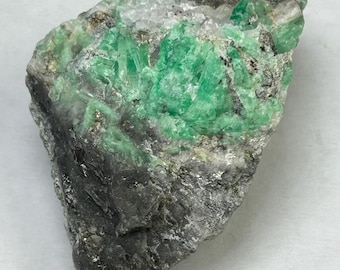 Puede incluir: Un espécimen mineral en bruto que presenta estructuras cristalinas de color verde vibrante incrustadas en una matriz rocosa de color gris oscuro y blanco. La superficie muestra un grupo de fragmentos translúcidos de color esmeralda.