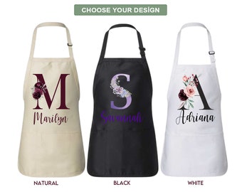 Custom Floral Monogram Cooking Aprons for Kitchen Chef, Name Text Flowers Apron, Customized Unisex Baking Apron, Personalized Grill Apron