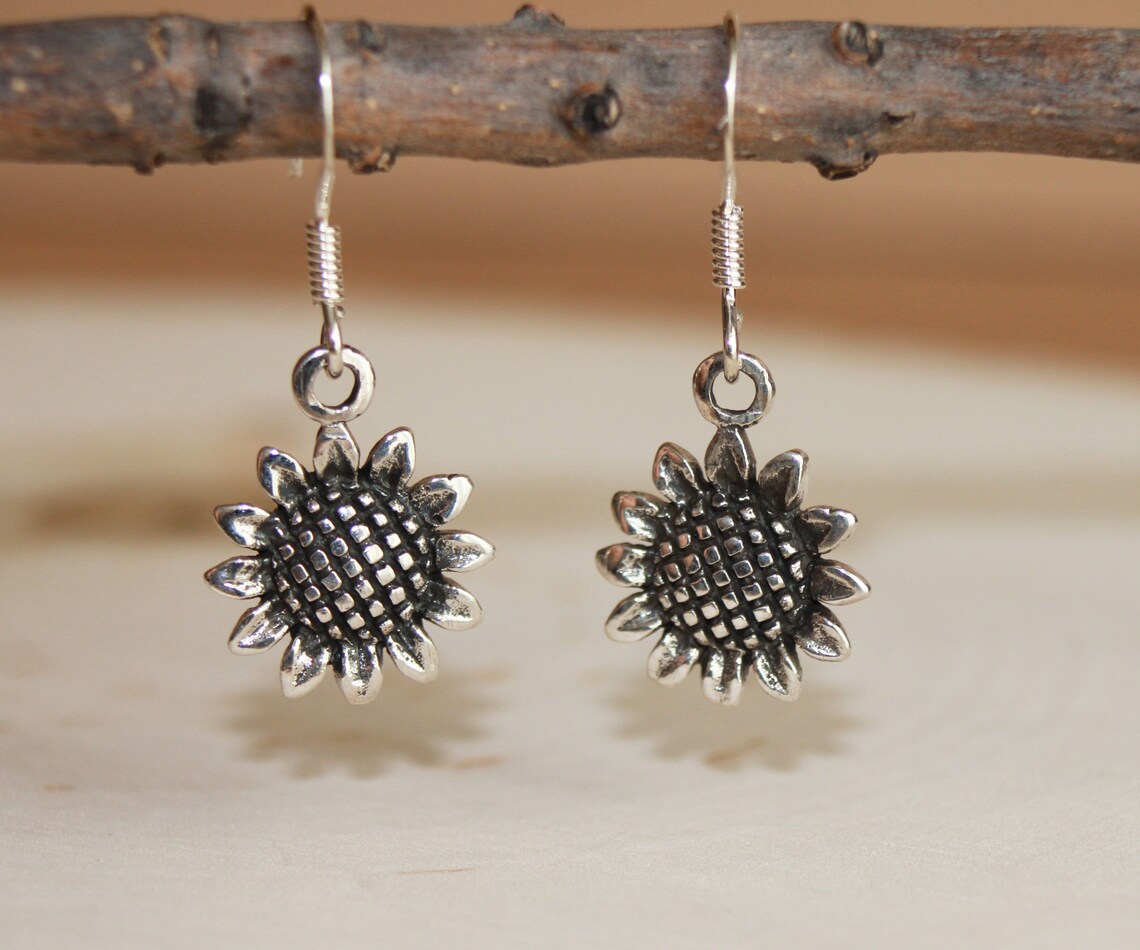 Sterling Silver Sunflower Earrings Vintage Dainty Flower Etsy
