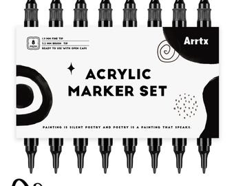 Arrtx Black Acrylic Paint Pens - 8 Pack (Brush Tip and Fine Tip)