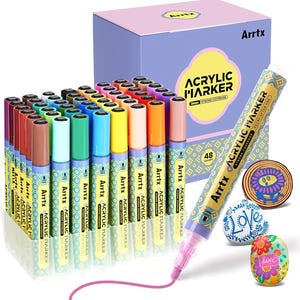 May include: A set of 48 acrylic markers in a variety of colors, with a box and three painted rocks. The markers are 3mm and have strong coverage. The rocks are painted with the words "Love", "Hope", and a design of a lion.