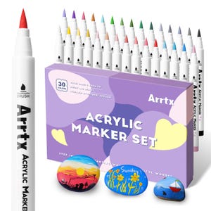 May include: A set of 30 acrylic markers in a purple box with the text "Arrty Acrylic Marker Set". The markers have a water-based brush tip and are available in bright and opaque colours. The box also includes a step-by-step guide for painting rocks.