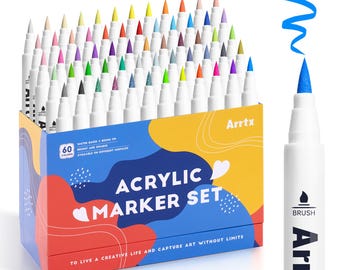 May include: A set of 60 acrylic markers in a variety of colors, with a brush tip. The markers are in a box with the text "Acrylic Marker Set" and "Arrtx".