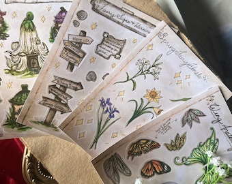 Juego de pegatinas Fairycore / Pegatinas de guía de campo encantada / Pegatinas para diario / Elementos decorativos botánicos para álbumes de recortes / Pegatinas para agendas de fantasía