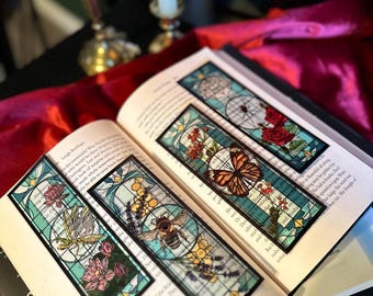 Bugs and Flowers Stained Glass Bookmark | Mantis, Bee, Black Widow, Butterfly Victorian Vintage Window | Dark Gothic Design Suncatcher