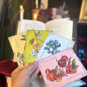 Conjunto de cartões postais vintage de frutas e flores – Conjunto de 4 – Mirtilo, laranja, romã, pêra – Perfeito para diário, escrita de cartas, presentes
