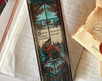 Woodland Tales Stained Glass Bookmark | Mushroom Forest Transparent Bookmark | Cozy Fairytale Autumn Toad and Toadstool Design