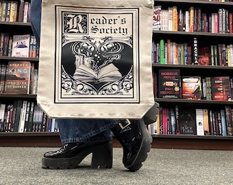 Readers Society Tote Bag | Bookish Fantasy Canvas Tote | Black and White Medieval Storybook Gift for Book Lovers Book Addict - Booktok Bag