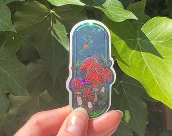 Mushroom Sticker Fly Agaric and Fern | Semi-Transparent and Crackle Glitter | Faux Stained Glass Design