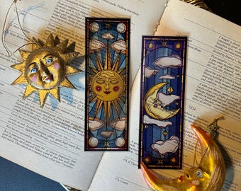Sun & Moon Stained Glass Bookmark Set | Celestial Transparent Handmade Bookmark Duo | Gothic Celestial Suncatcher Gift Set