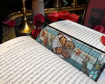 Monarch Butterfly and Yarrow Flower Stained Glass Bookmark | Bug Flower Transparent Handmade Bookmark | Dark Gothic Design Suncatcher