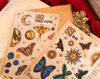 Celestial Sticker Sheets | Sun and Moon Journaling Stickers | Celestial Scrapbook Ephemera | Moon & Moth Stickers | Sun Butterfly Stickers