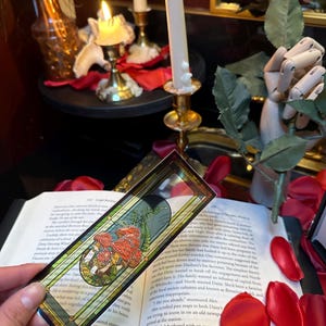 Fungi Forest Forage Stained Glass Bookmark | Fly Agaric Mushrooms | Dark Gothic Design Suncatcher
