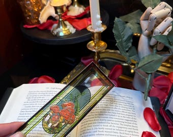 Fungi Forest Forage Stained Glass Bookmark | Fly Agaric Mushrooms | Dark Gothic Design Suncatcher