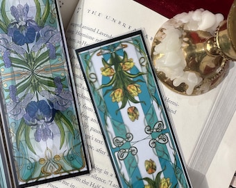 Juego de marcapáginas florales Art Nouveau / Marcapáginas de tulipanes e iris en vidriera / Marcapáginas de estilo vintage / Regalo botánico para amantes de los libros / Regalo para lectores