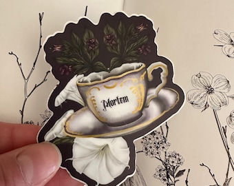 Pegatina de Mortem: Taza de té venenosa / Ilustración de Belladona y trompeta de ángel / Pegatina de ilustración de bruja