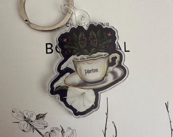 Llavero de taza de té venenosa de Mortem / Ilustración de Belladonna y trompeta de ángel / Llavero con ilustración de bruja