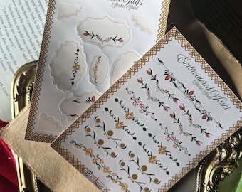 Pegatinas de cinta washi con bordado vintage / Herramientas para diario / Elementos decorativos para álbumes de recortes estilo cottagecore / Pegatinas para agendas / Juego de hojas de pegatinas estilo Regencia