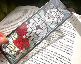 Black Widow and Red Rose Stained Glass Bookmark | Transparent Handmade Bookmark | Dark Gothic Design Suncatcher