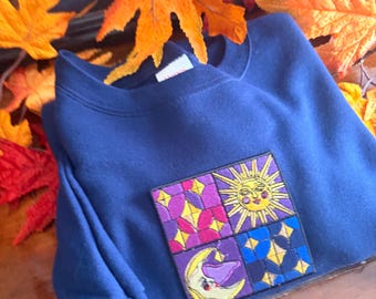 Celestial Sun Moon Sweatshirt | 90s Sun & Moon Patch Crewneck | Gothic Celestial Sweater | Dark Whimsy Goth Pullover