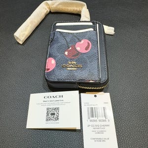 Estuche para tarjetas Coach Zip con estampado de cerezas NUEVO+AUTÉNTICO